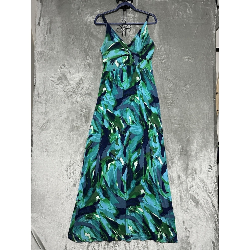 New Directions Watercolor Babydoll Maxi Dress Womens M Tropical Stretch Comfort